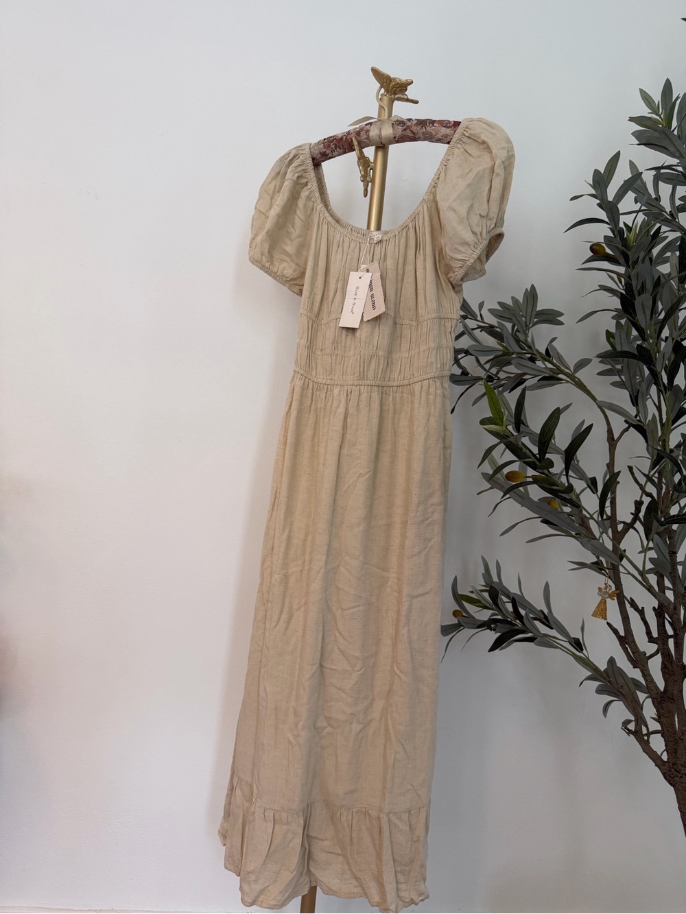 Women's Cream Maxi Dress with Puff Sleeves